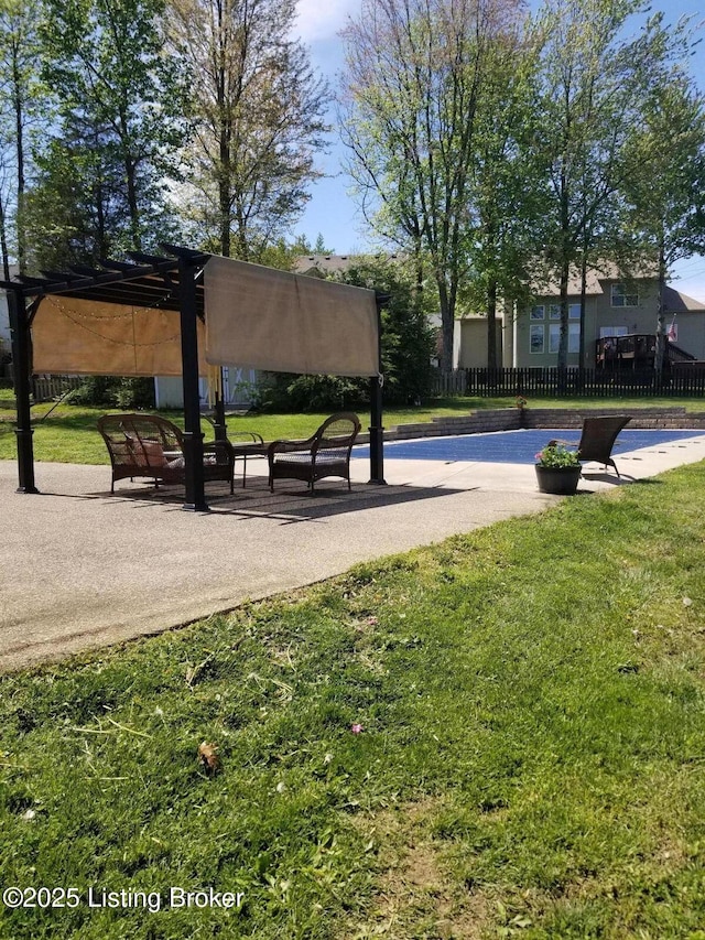 view of home's community featuring a lawn, fence, and a pergola