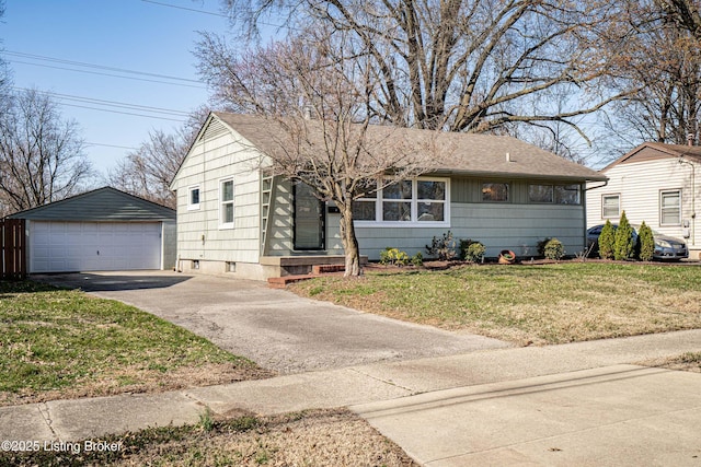 ranch-style home featuring a garage, an outbuilding, a front yard, and a shingled roof