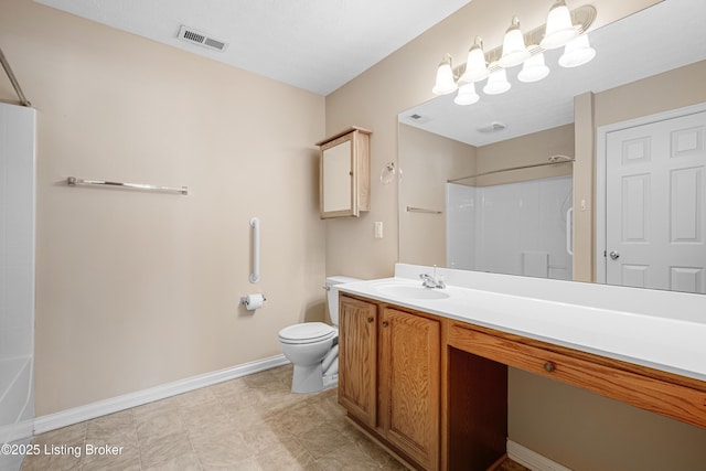 full bath with baseboards, visible vents, vanity, and toilet