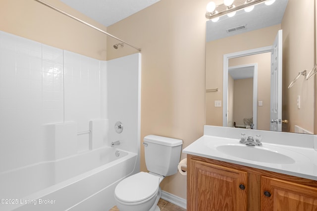 bathroom with visible vents, vanity, toilet, and bathing tub / shower combination