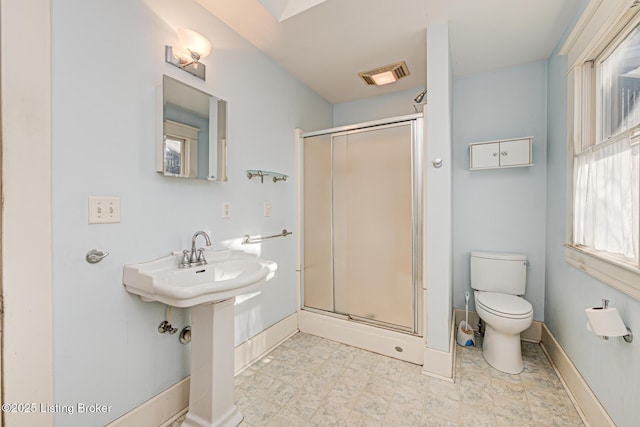 bathroom with a stall shower, visible vents, toilet, and baseboards