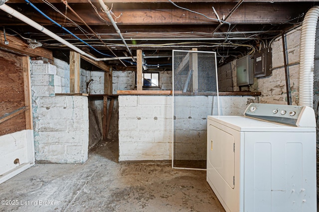 unfinished basement with washer / clothes dryer and electric panel