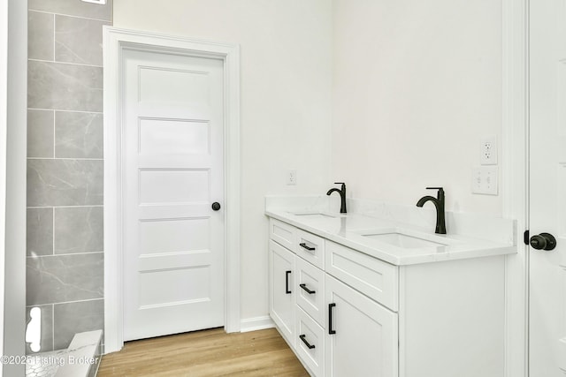 bathroom featuring double vanity, wood finished floors, and a sink