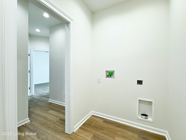 laundry room with laundry area, baseboards, wood finished floors, washer hookup, and recessed lighting