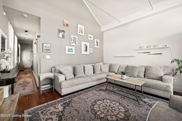 living area featuring high vaulted ceiling, dark wood finished floors, and a barn door