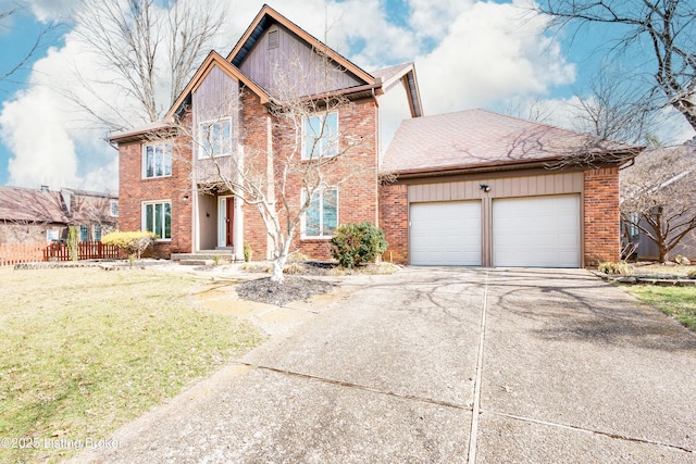 traditional-style house featuring a garage, a shingled roof, concrete driveway, fence, and brick siding