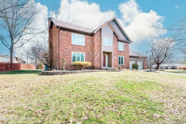 view of front of house featuring an attached garage, fence, a front lawn, and brick siding