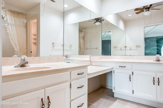 bathroom with ceiling fan, vanity, and recessed lighting