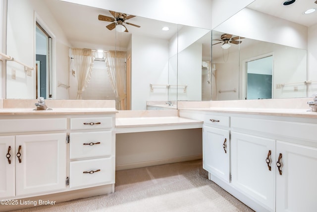 full bathroom featuring recessed lighting, a ceiling fan, and vanity