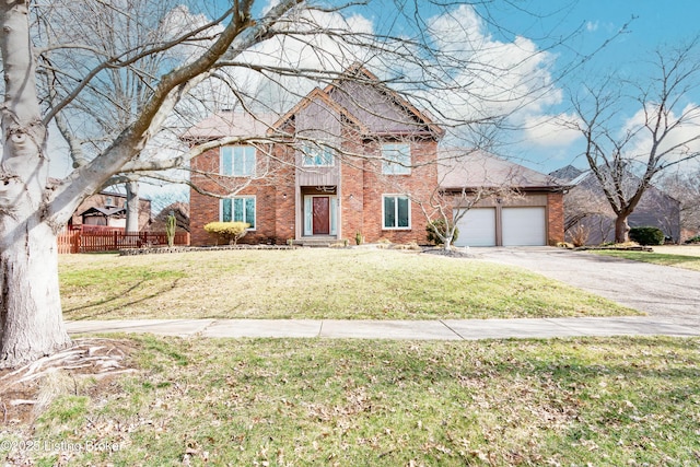 traditional-style house with brick siding, fence, driveway, and a front lawn