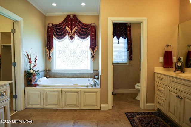 full bath featuring tile patterned flooring, toilet, vanity, a bath, and crown molding