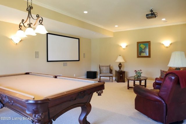 rec room featuring crown molding, baseboards, carpet flooring, and recessed lighting