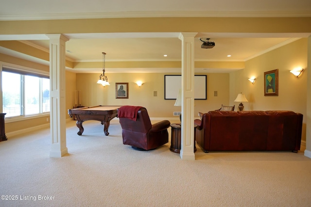 rec room featuring carpet flooring, crown molding, ornate columns, and billiards