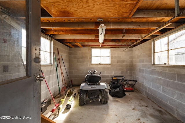 below grade area featuring concrete block wall