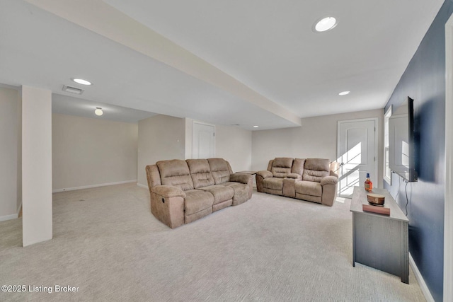 living room with light carpet, baseboards, visible vents, and recessed lighting