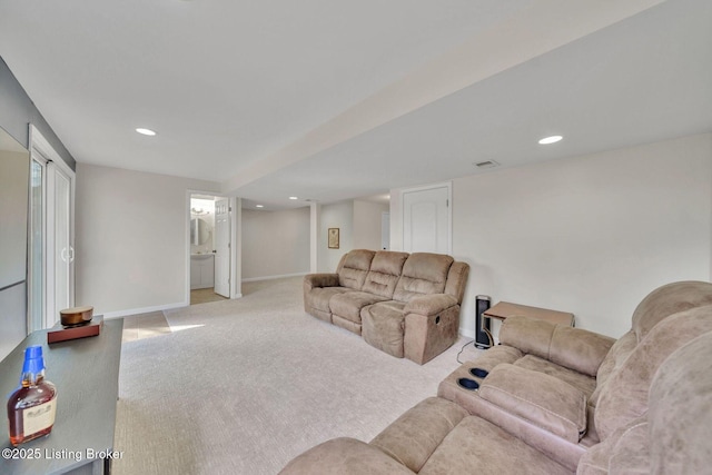 living area with baseboards, recessed lighting, and light colored carpet