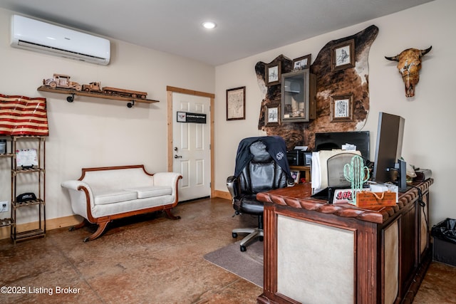 office space featuring recessed lighting, an AC wall unit, and baseboards