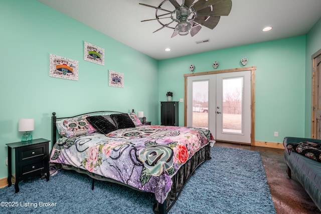 bedroom featuring visible vents, access to exterior, french doors, carpet floors, and recessed lighting