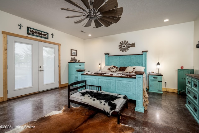 bedroom featuring finished concrete flooring, access to exterior, baseboards, and french doors