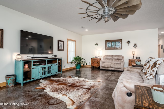 living room with a textured ceiling, ceiling fan, recessed lighting, visible vents, and baseboards