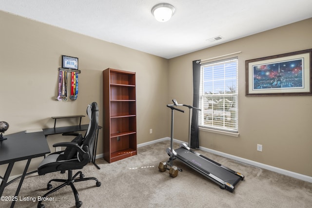 home office featuring carpet flooring, visible vents, and baseboards