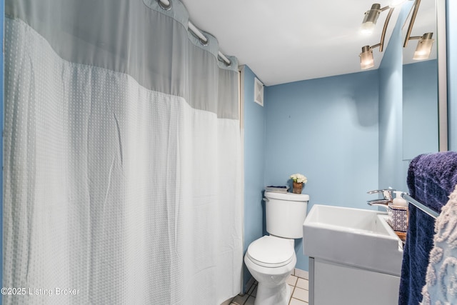 bathroom featuring visible vents, vanity, toilet, and tile patterned floors