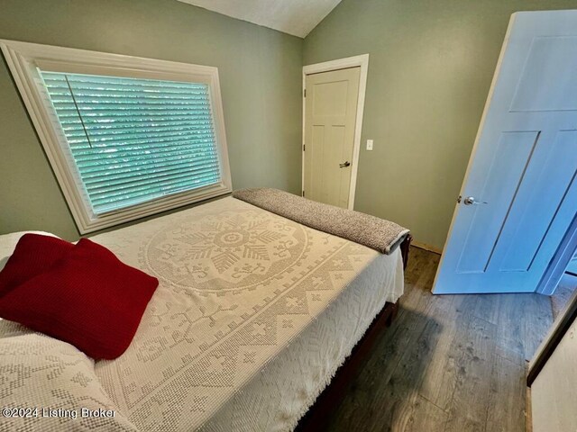 bedroom featuring dark wood-style floors and vaulted ceiling