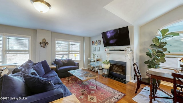 living area with a fireplace with flush hearth, wood finished floors, and baseboards