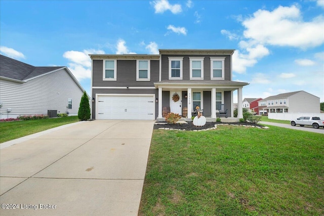 view of front of property with a porch, concrete driveway, central AC unit, a front yard, and a garage