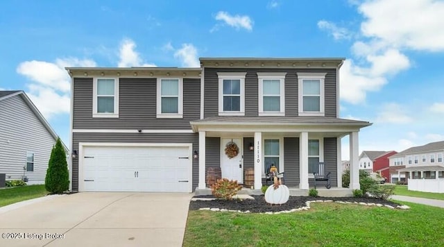 view of front of home featuring central AC unit, an attached garage, covered porch, concrete driveway, and a front lawn