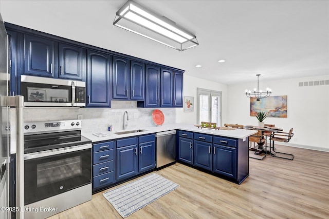 kitchen featuring light wood-style flooring, appliances with stainless steel finishes, a peninsula, blue cabinetry, and a sink