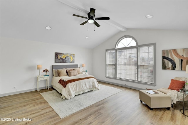 bedroom featuring baseboards, a ceiling fan, wood finished floors, vaulted ceiling with beams, and recessed lighting