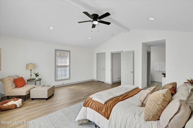 bedroom featuring lofted ceiling with beams, baseboards, wood finished floors, and recessed lighting