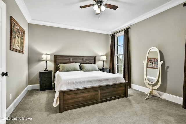 bedroom featuring ornamental molding, carpet flooring, ceiling fan, and baseboards