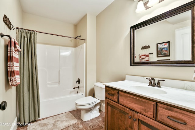 bathroom with tile patterned flooring, vanity, toilet, and shower / bathtub combination with curtain