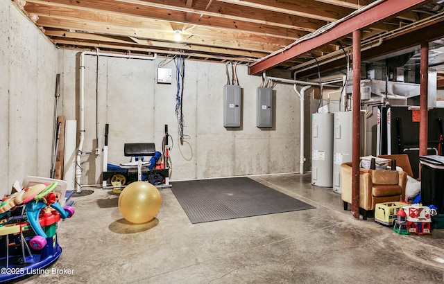 unfinished basement featuring electric water heater and electric panel