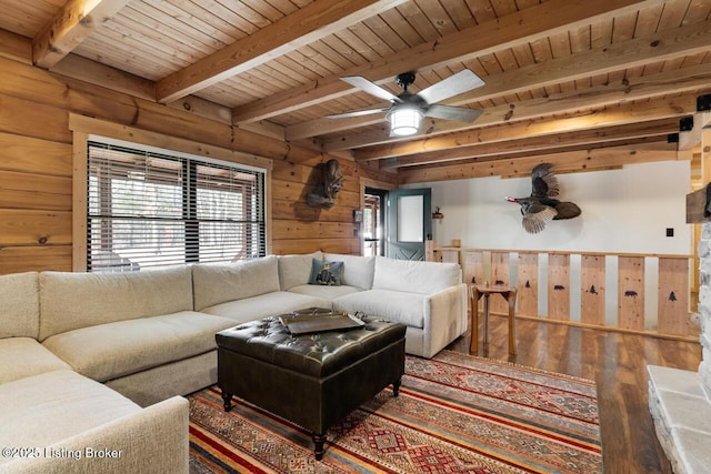 living room with wood ceiling, wood walls, and wood finished floors