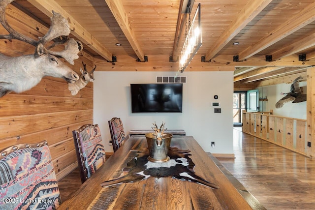 dining space featuring wood walls, wood finished floors, wood ceiling, visible vents, and beamed ceiling