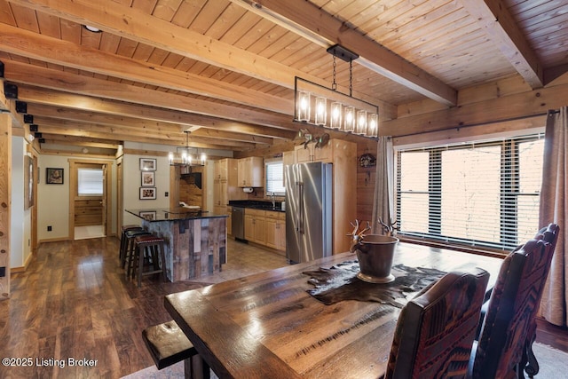 dining room with wooden ceiling, beamed ceiling, wood walls, and wood finished floors