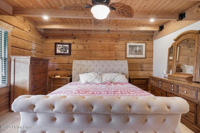 bedroom featuring beam ceiling, wood ceiling, and wooden walls