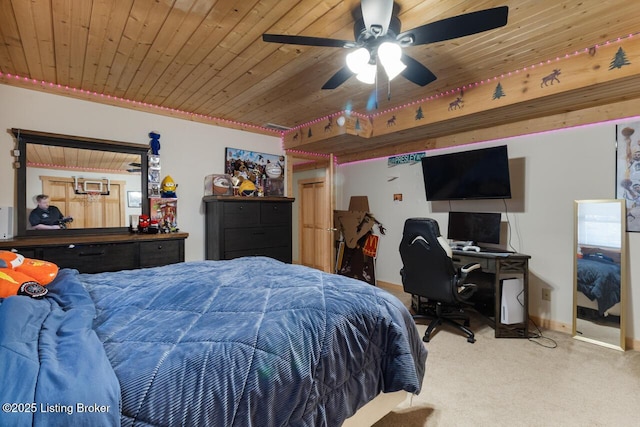 carpeted bedroom with a ceiling fan, wood ceiling, and baseboards