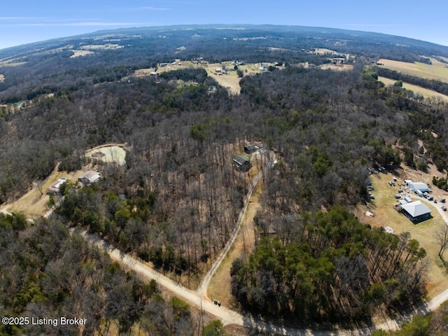 bird's eye view featuring a wooded view