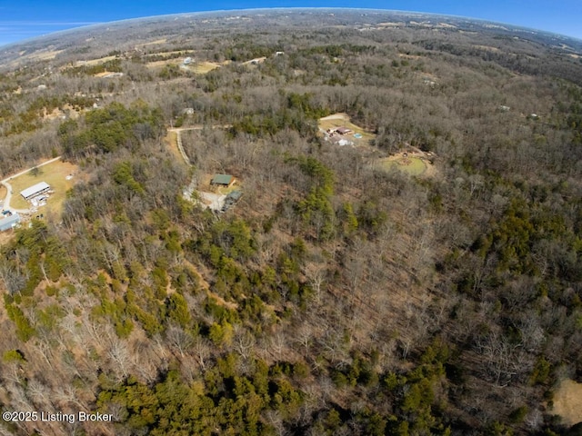 birds eye view of property featuring a wooded view