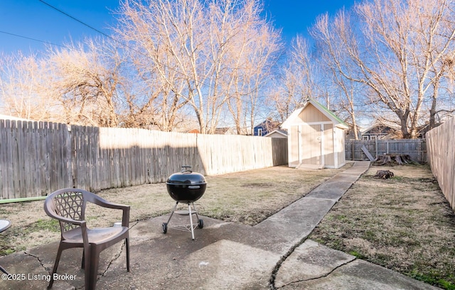 view of yard featuring a fenced backyard, an outdoor structure, a patio, and a shed