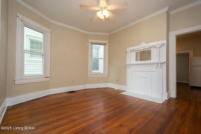 unfurnished living room featuring visible vents, baseboards, ceiling fan, dark wood-type flooring, and crown molding