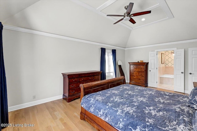 bedroom with ceiling fan, baseboards, vaulted ceiling, light wood finished floors, and crown molding