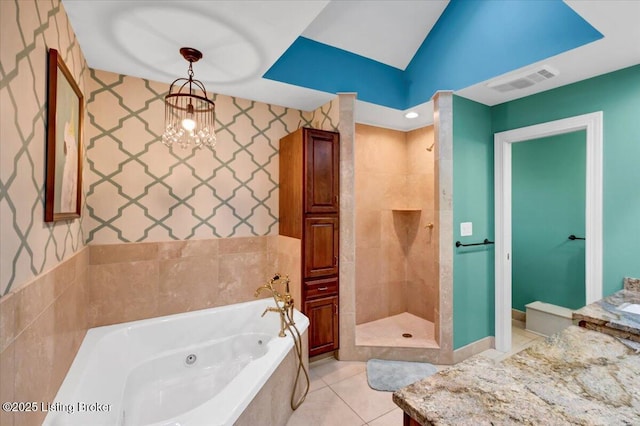 full bath featuring wallpapered walls, visible vents, a tub with jets, tile patterned flooring, and a shower stall