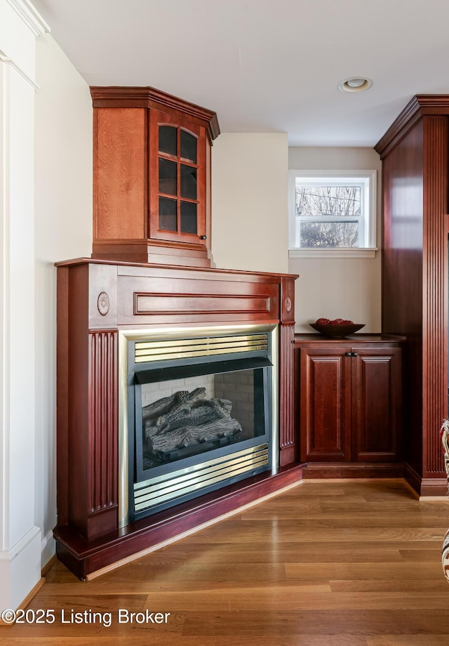 room details featuring a glass covered fireplace, baseboards, and wood finished floors