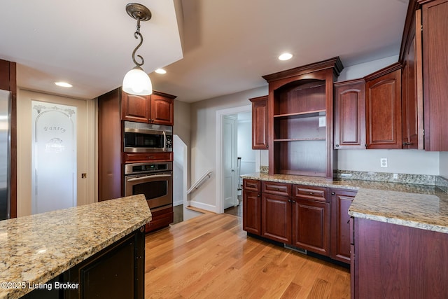 kitchen with pendant lighting, open shelves, stainless steel appliances, recessed lighting, and light wood-type flooring