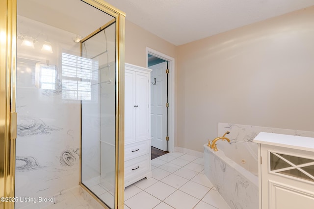 bathroom featuring a jetted tub, a marble finish shower, and baseboards